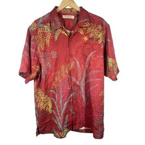 Tommy Bahama Mens Large Red Silk Tropical Leaf Tobin James Cellars Camp Shirt